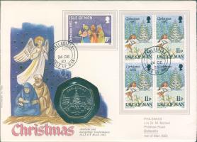 Man szigetek 1982. 50P "Karácsony" érmés, bélyeges borítékon T:BU