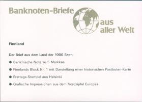 Finnország 1963. 5M dekoratív bankjegyes, bélyeges borítékon T:I