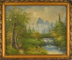 Jelzés nélkül. Hegyvidéki táj vízeséssel. Olaj, vászon, sérült (festékhiánnyal), díszes, enyhén sérü...