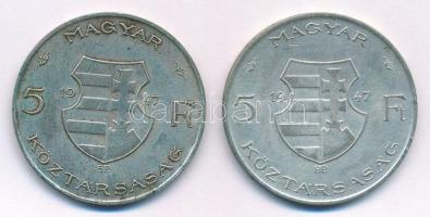 1947. 5Ft Ag "Kossuth" (2x) T:2- patina, kis ph. Adamo F8.1