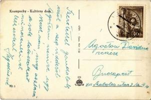 Korompa, Krompach, Krompachy; Kultúrny dom / Kultúrház, traktor, vendéglő, üzlet, kerékpár / communi...