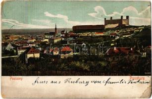 1907 Pozsony, Pressburg, Bratislava; látkép, vár. &quot;Bediene dich allein&quot; kiadása / general view, castle (kopott sarkak / worn corners)