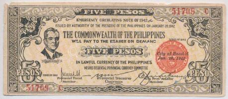 Fülöp-szigetek 1942. 5P szükségpénz, amely az emigráns kormány nevében készült T:III  Philippines 1942. 5 Pesos necessity note, issued in the name of the government-in-exile C:F