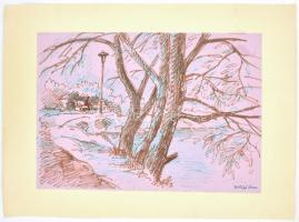 Szilágyi Ilona (1904-1985): Egy leningrádi parkban. Filctoll, papír, lap tetején kisebb folttal, vék...