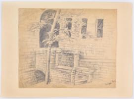 Szilágyi Jolán, Szamuely Tiborné (1895-1971): Udvar. Ceruza, papír, vékony kartonra kasírozva, szakadásokkal, jelzett, 29×36 cm