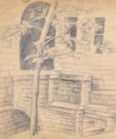 Szilágyi Jolán, Szamuely Tiborné (1895-1971): Udvar. Ceruza, papír, vékony kartonra kasírozva, szaka...