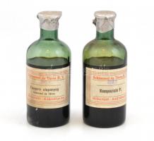 Schimmel és Társa Rt. Illóolaj és Vegyészeti Gyár Budapest-Rákosfalva parfüm alapanyag, 2 db üveg, címeres fém kupakkal
