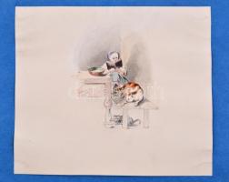 Anna 850 jelzéssel: Kislány cicákkal, akvarell, ceruza, papír, papírra kasírozva, 18x21 cm