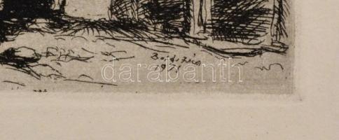 Boldizsár István (1897-1984): Falusi udvar. Rézkarc, papír, hajtásnyommal, hátoldalán hagyatéki pecs...