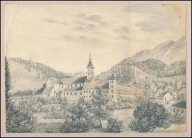 Jelzés nélkül: Hegyvidéki kolostor látképe, grafit, papír, foltos, papírra kasírozva, 15x21 cm