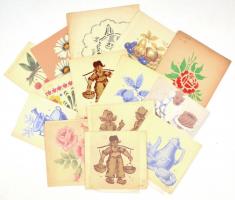 Schönfeld Vilmosné: Festősablon minták, 14 db. Vegyes technika, papír, jelzett, vegyes méretben