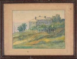 Olvashatatlan jelzéssel: Ház a domboldalban, akvarell, papír, üvegezett fa keretben, 30x42,5 cm