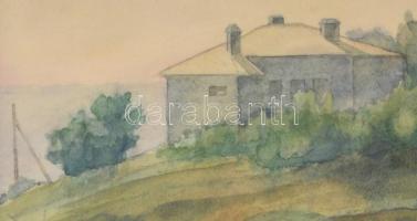 Olvashatatlan jelzéssel: Ház a domboldalban, akvarell, papír, üvegezett fa keretben, 30x42,5 cm