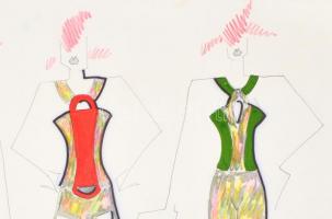 Parádi Katalin (1970-): Divatterv. Vegyes technika, papír, jelzett, 42×60 cm