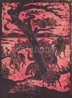 Török Endre (1926-1980): Mohácsi busók, színes fametszet, papír, jelzett, ajándékozási sorokkal (Fazekas Jánoséknak), lap szélén kis szakadásokkal, fametszet ép, 34,5x26 cm