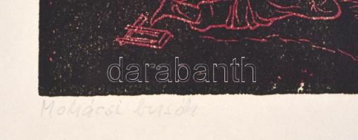 Török Endre (1926-1980): Mohácsi busók, színes fametszet, papír, jelzett, ajándékozási sorokkal (Faz...