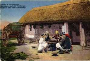 Hortobágy, estebéd a Hortobágyon, magyar folklór - képeslapfüzetből (EK)