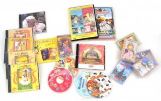 Vegyes mese kazetta-, hangoskönyv, és CD tétel, 19 db, közte 1-1 keresztény témájú DVD-vel és hangoskönyvvel, valamint egy zenei CD-vel.