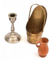 Vegyes bolha tétel, 5 db: fa szamár, kis fa díszkorsó, mini réz szenesvödör, porcelán macska, fém gy...