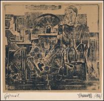 Herwerth József (1939-1987): Gépnél, fametszet, papír, jelzett és datált (Herwerth 1964), kartonra k...