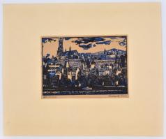 Herwerth József (1939-1987): Halászbástya, színes linómetszet, papír, jelzett, vékony kartonra kasír...