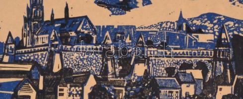 Herwerth József (1939-1987): Halászbástya, színes linómetszet, papír, jelzett, vékony kartonra kasír...