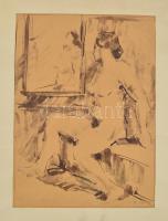 König Dezső (1901-?): Női akt, lavírozott tus, papír, jelzett, paszpartuban, 27x19,5 cm