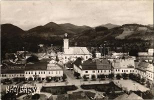 1940 Nagybánya, Baia Mare; Református templom, Marosán Gyula üzlete / Calvinist church, shops. photo + 1940 Nagybánya visszatért So. Stpl.