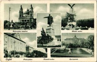 1943 Cegléd, Református templom, Hősök szobra, emlékmű, Posta palota, Sportuszoda, Kossuth Lajos szobor (EK)