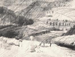 Patkó jelzéssel: hegyvidéki táj. Szén, papír, 31,5x44,5 cm