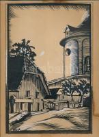 MCP jelzéssel: Templom. Tus, fedőfehér, papír, foltos paszpartuban, 28x19 cm