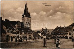 Nagydisznód, Heltau, Cisnadie; Marktplatz / Vásártér, Evangélikus erődtemplom, üzletek / market, Lutheran fortified church, shops