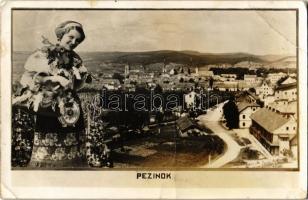 1940 Bazin, Bösing, Bözing, Pezinok; látkép, templomok, zsinagóga, montázs lánnyal szlovák népviseletben, folklór / general view, churches, Montage with girl in traditional costume, Slovak folklore. photo (EB)