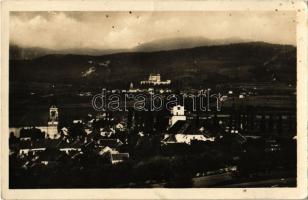 1949 Privigye, Prievidza; látkép, templomok, távolban a bajmóci vár (Gróf Pálffy kastély) / Bojnicky zámok / general view, churches, castle in the distance (fl)