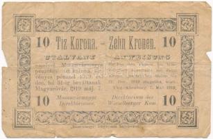 Magyaróvár / Mosonvármegye Direktóriuma 1919.05.07. 10K papír szükségpénz, hátoldalán bélyegzés, aláírás és sorszám T:IV