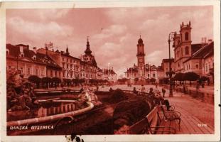 1936 Besztercebánya, Banská Bystrica; tér, templom, Emil Skoda üzlete, autóbusz, kerékpár / square, church, shops, autobus, bicycle (fl)