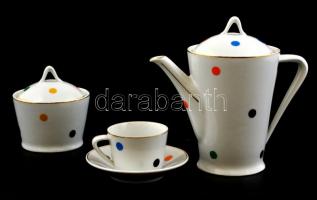 Hollóházi porcelán retró mokkás készlet, matricás, jelzett: 4 db csésze, 6 db csészealj, 1 db kiöntő...