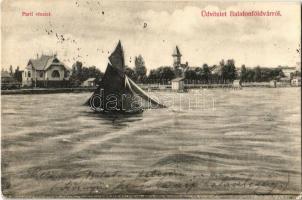1906 Balatonföldvár, Parti részlet, vitorlás, villák. Gerenday Gyula kiadása