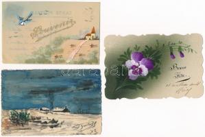 6 db RÉGI kézzel festett motívum képeslap: hölgy, táj, virág / 6 pre-1945 hand-painted art motive postcards: lady, landscape, flower