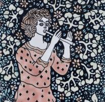 Vén Edit (1937-): Pár az idillben. Zománcfesték, kerámia, hátoldalán jelzett, keretben, 45×15 cm