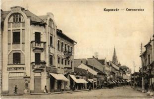 1915 Kaposvár, Korona utca, üzletek, Református templom. Gerő Zsigmond kiadása (EK)