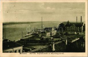 1930 Mohács, MFTR hajóállomás a selyemgyárral, gőzhajó