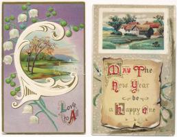 9 db RÉGI dombornyomott litho üdvözlő motívum képeslap, vegyes minőség / 9 pre-1945 Embossed litho greeting motive postcards, mixed quality