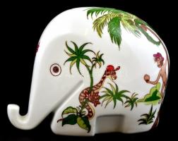 Elefánt alakú, mintás persely, jelzett, matricás, kis kopásnyomokkal, 12×15 cm