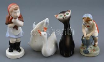 4 db figurális porcelán és kerámia, jelzettek, kézzel festett, egyik sérült, m: 10-15 cm