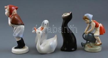 4 db figurális porcelán és kerámia, jelzettek, kézzel festett, egyik sérült, m: 10-15 cm