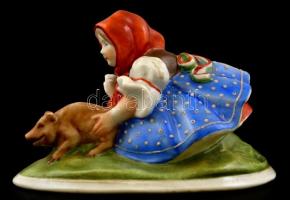 Herendi malacos lány, kézzel festett, jelzett (Vastaghné)  (apró lepattanással a fülön), 13x9 cm