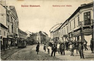 1911 Miskolc, Széchenyi utca, villamos, Weissberg Adolf Özv. utóda divatáruháza hölgyek és urak részére, üzletek, újságárusok