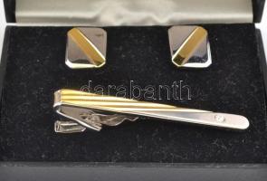 2 pár jó állapotú mandzsettagomb, egyik nyakkendőtűvel, dobozban