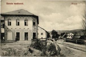 1911 Nyitrabánya, Handlová, Krickerhau; Fő utca, szálloda, fogyasztási szövetkezet üzlete / main street, hotel, cooperative shop